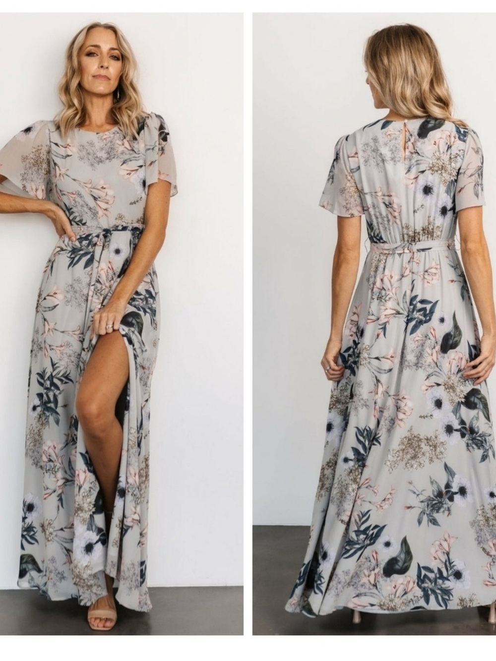 Baltic Born Naomi Short Sleeve Maxi Dress Pale Blue Floral size L NWT